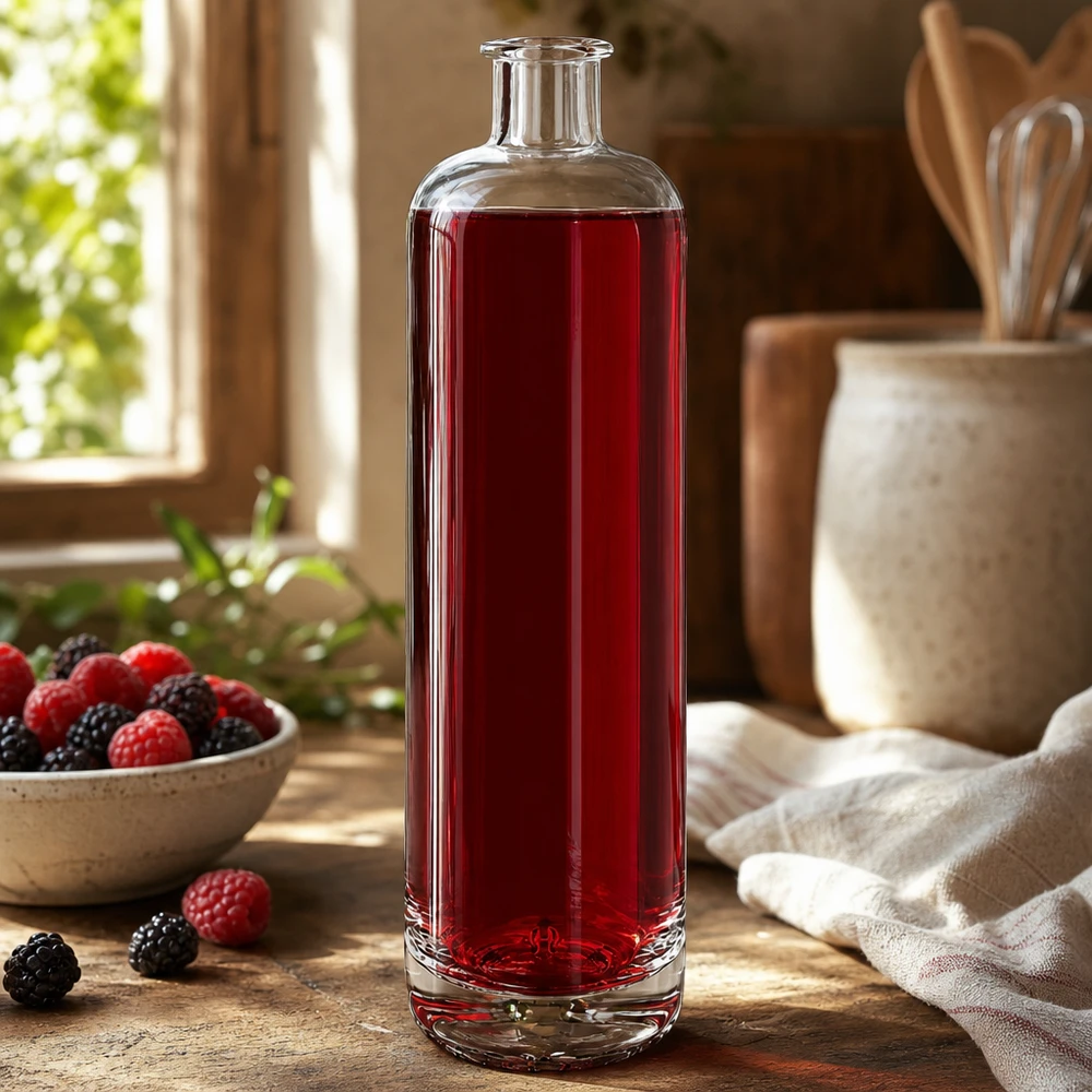 700ml Glasflasche "Eleganz" ohne Verschluss UNiTWIST® Garrafa de vidro de 700 ml de Ella cheia de sumo de frutos vermelhos ao lado de framboesas e amoras frescas numa cozinha rústica