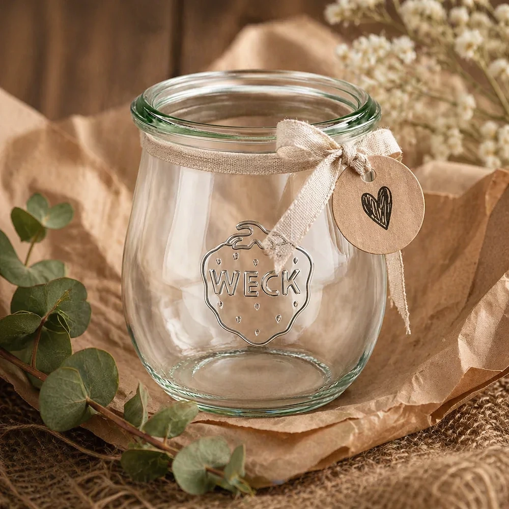 Jarra tulipa WECK 220ml RR60 decorativa com fita e pendente sobre decoração de eucalipto natural
