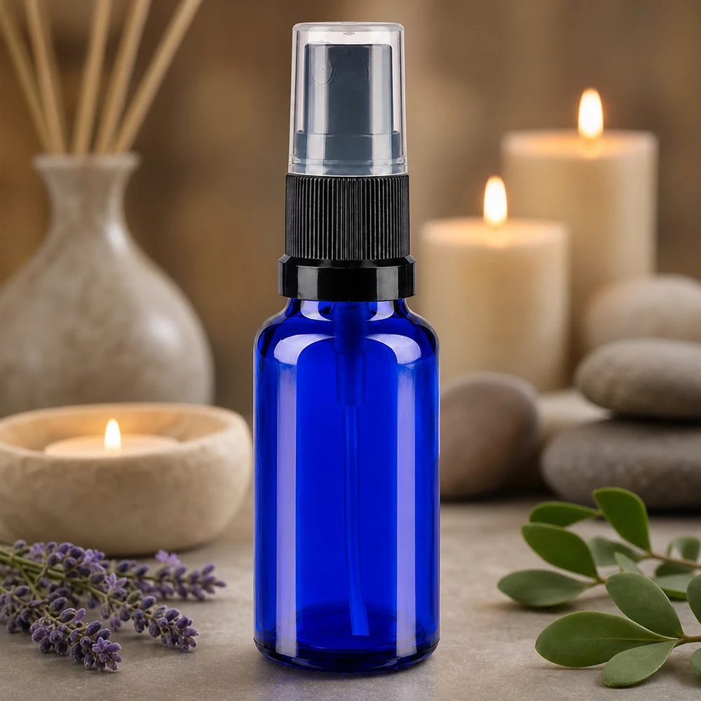 Frasco de farmácia azul 20ml spray top preto Frasco de vidro azul de 20 ml com pulverizador fino para aromaterapia com lavanda e óleos essenciais