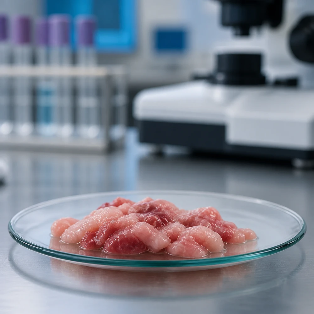 Taça de vidro para relógio ø100 mm Observar uma placa de vidro de 100 mm cheia de amostras cor-de-rosa num ambiente laboratorial esterilizado para fins de investigação
