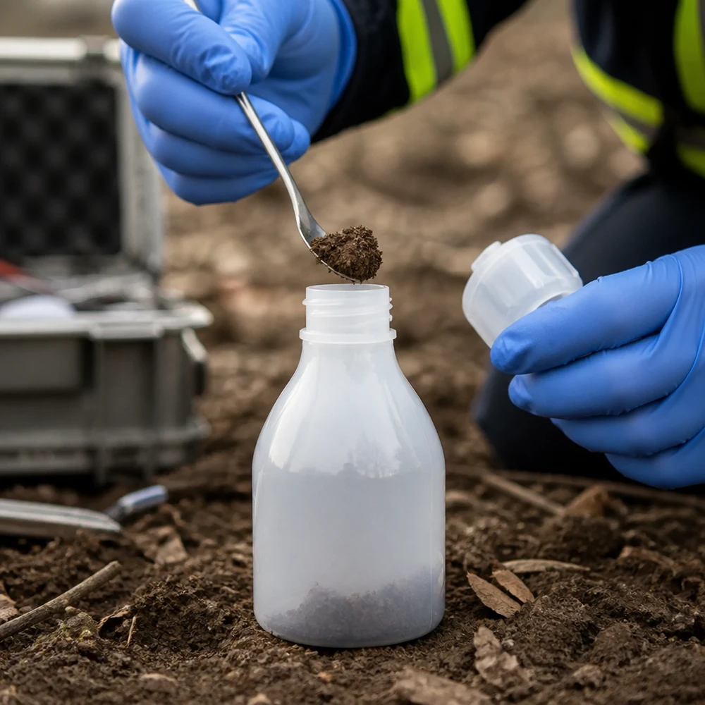 A amostra de solo é colocada com uma colher num frasco branco de 30 ml com tampa de rosca, destinado à análise ambiental