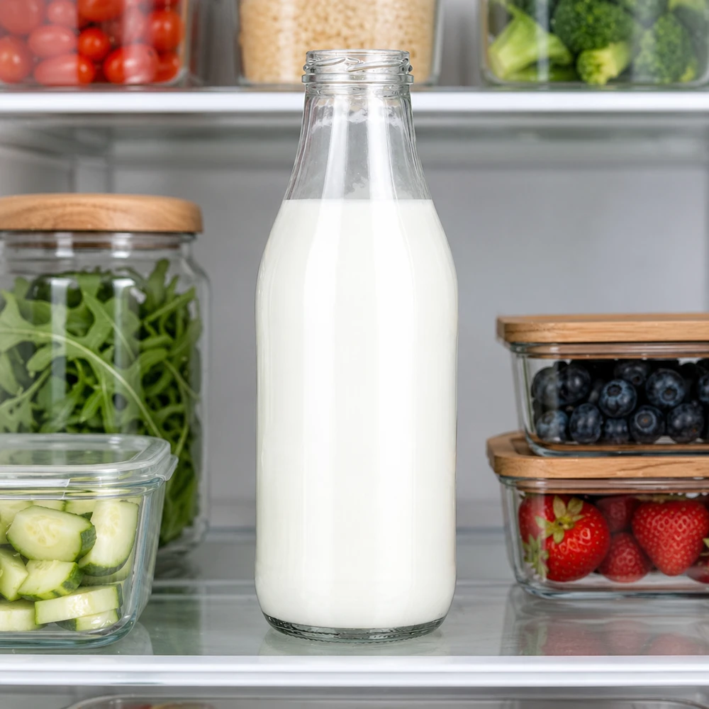 Frasco de vidro de 1000ml sem tampa (TO48) UNiTWIST Milchflasche 1000ml Glas TO48 UNiTWIST mit frischer Milch im Kühlschrank neben Obst und Gemüse Kücheneinsatz