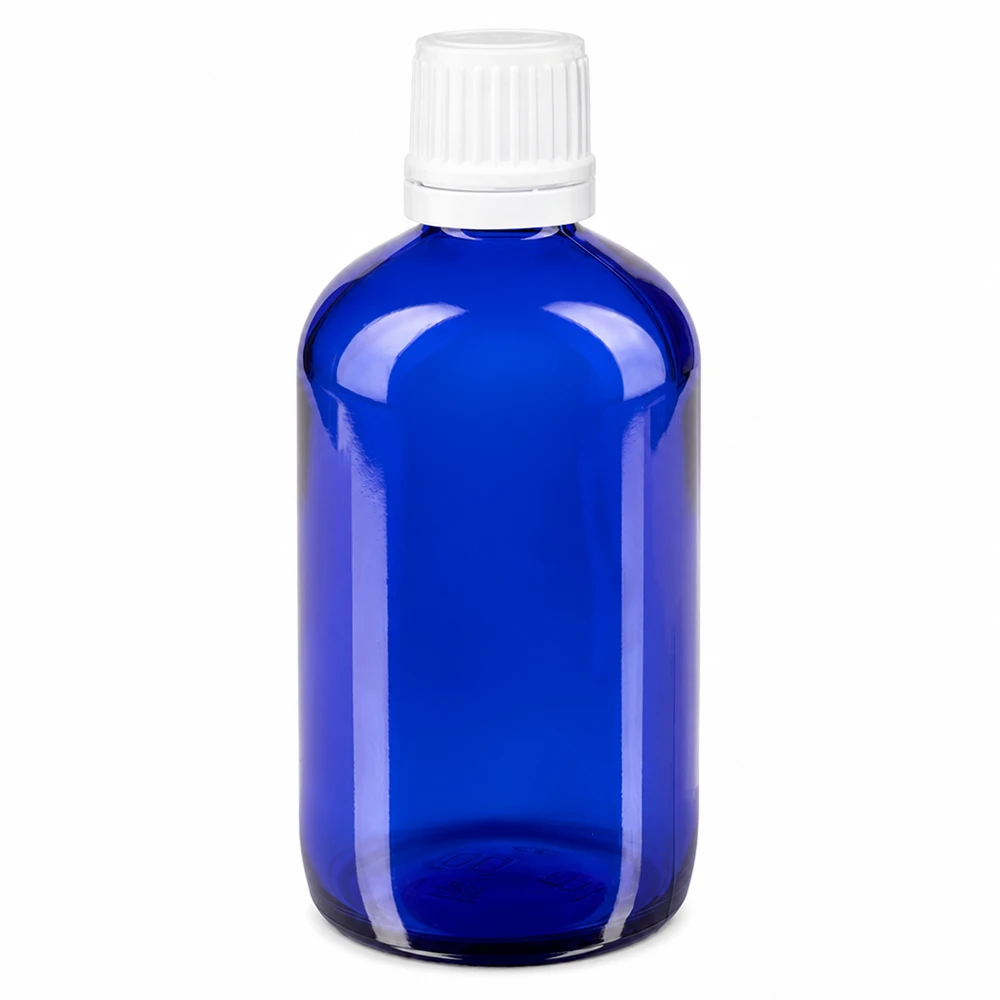 Frasco de farmácia azul 20ml tampa conta-gotas branco padrão resistente a crianças Frasco de farmácia azul de vidro, com 100 ml, com tampa de segurança para crianças branca e conta-gotas