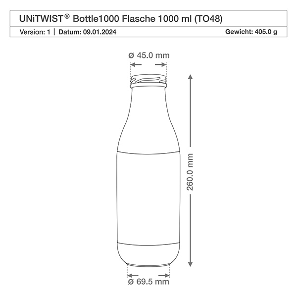 Frasco de vidro de 1000ml sem tampa (TO48) UNiTWIST Desenho técnico Garrafa de vidro UNiTWIST de 1000 ml com dimensões de 260 mm de altura e 45 mm de abertura do gargalo com rosca TO48
