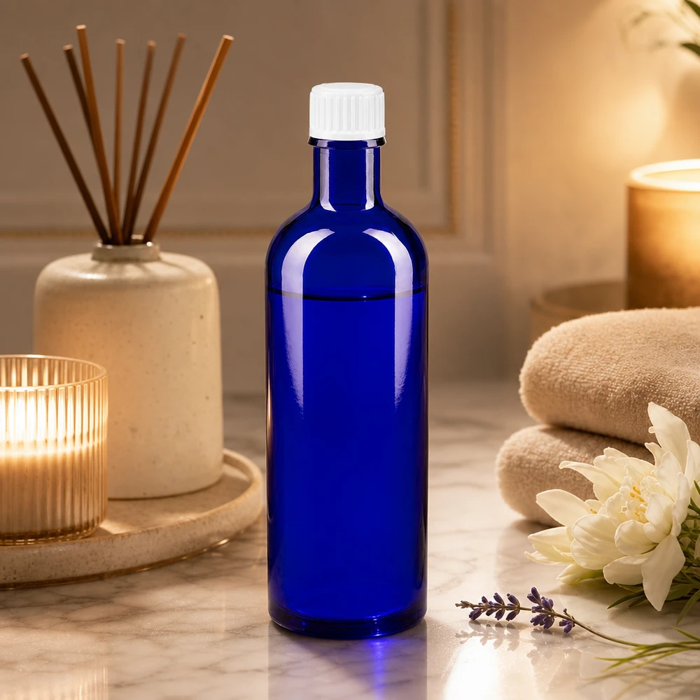 Garrafa de vidro azul de 200 ml com tampa de segurança branca sobre mármore, entre velas e flores