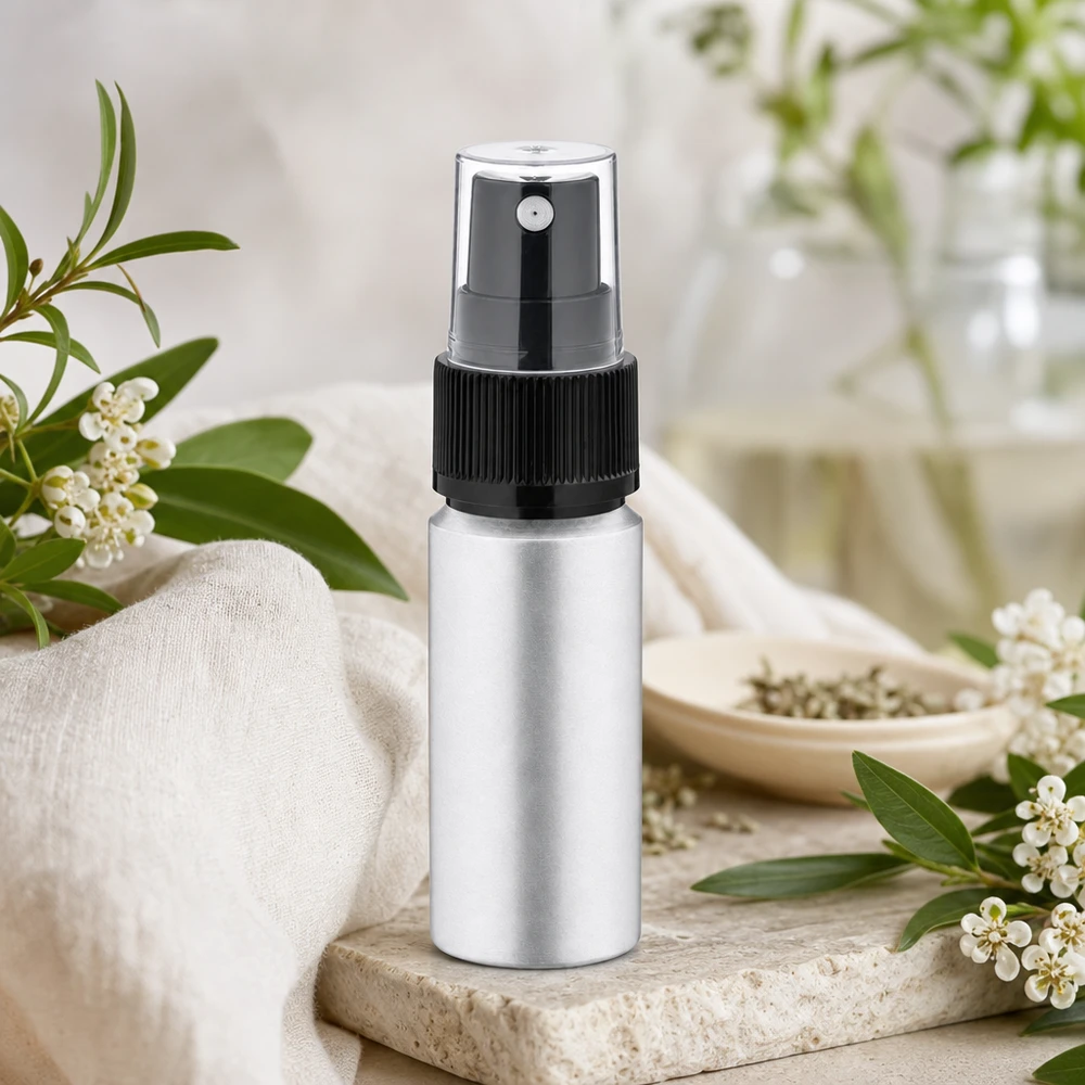 Frasco de alumínio polido de 20ml com atomizador Frasco elegante de 20 ml em alumínio com superfície escovada e atomizador para produtos cosméticos profissionais
