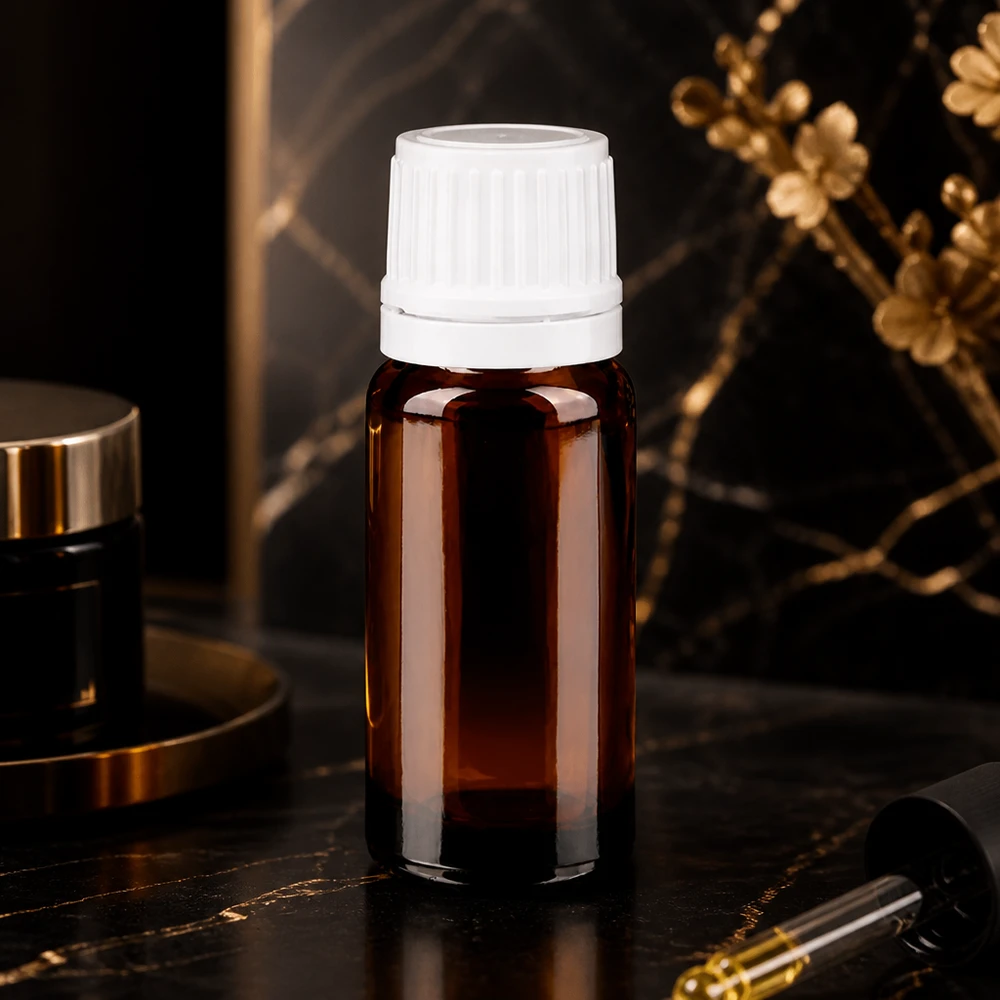 Frasco de vidro castanho com proteção UV de 10 ml, com tampa de segurança branca e conta-gotas de precisão de 0,7 mm