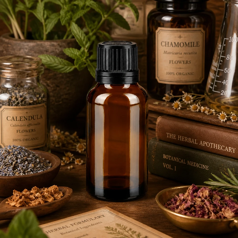 Frasco conta-gotas ApoGlas castanho de 20 ml com tampa preta, entre livros sobre ervas e plantas medicinais