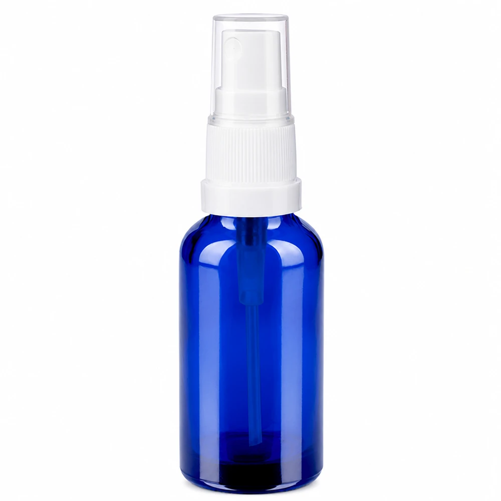Frasco spray de 30ml branco/tampa transparente standard BlueLine UT18/30 Frasco de spray de 30 ml azul com mecanismo de bomba branco para cosméticos e produtos de cuidado