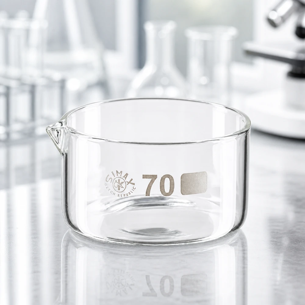 Bandeja de cristalização Simax vazia, de 100 ml, de formato plano com bico vertedor, sobre uma superfície metálica no laboratório