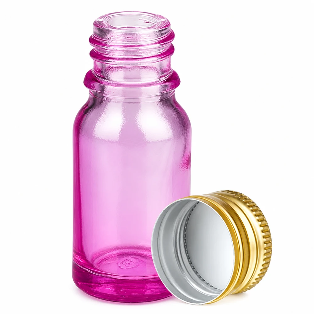 Frasco de 10 ml com tampa de rosca de 11 mm em alumínio dourado padrão PurpleLine. UT18/10 Frasco pequeno de vidro roxo de 10 ml com tampa de alumínio dourada para cosméticos e aromaterapia