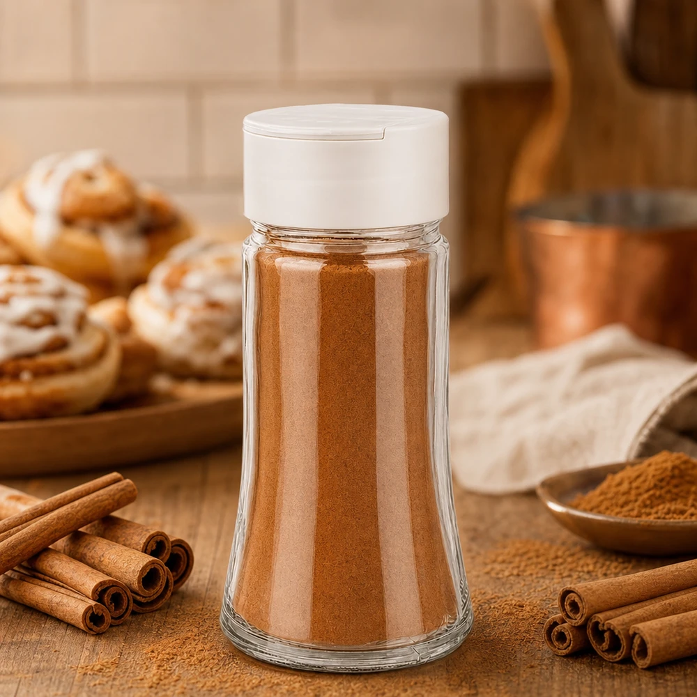Frasco para sal/especiarias de 95 ml com espalhador duplo, branco Frasco de especiarias com recheio de canela, 95 ml, com um espalhador duplo branco, ao lado de paus de canela e rolos de canela