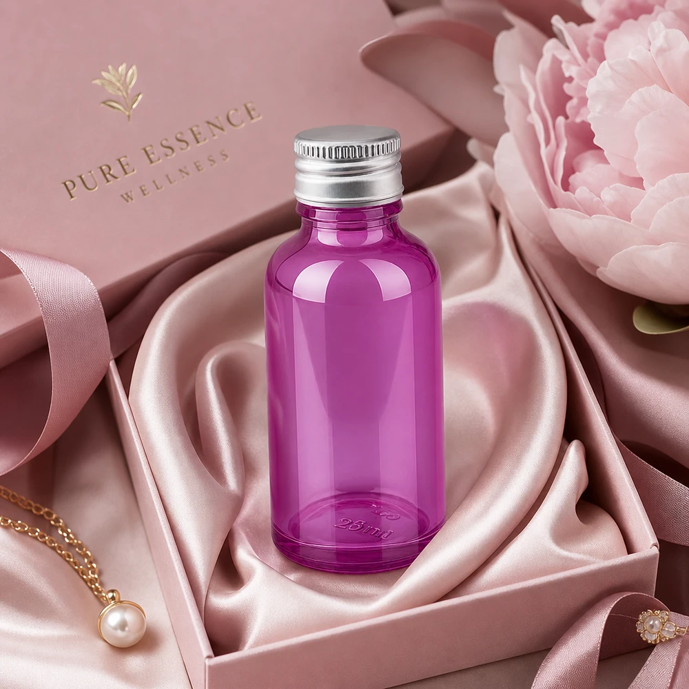 Frasco de vidro violeta elegante de 30 ml com superfície brilhante e tampa de alumínio de qualidade superior