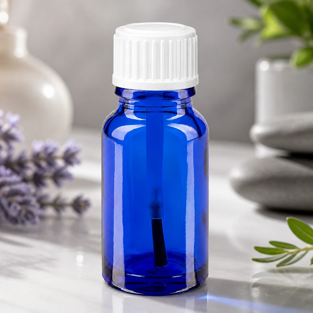 Frasco com pincel de 10 ml, de cor azul cobalto, em vidro de qualidade farmacêutica, com tampa branca com segurança para crianças