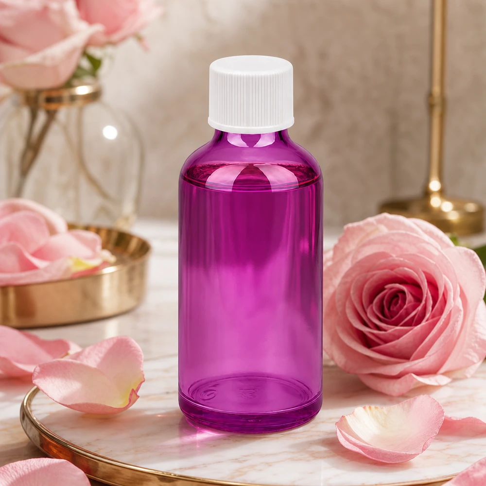 Frasco de vidro violeta de 50 ml de alta qualidade com rosca normalizada para proteção UV de cosméticos naturais