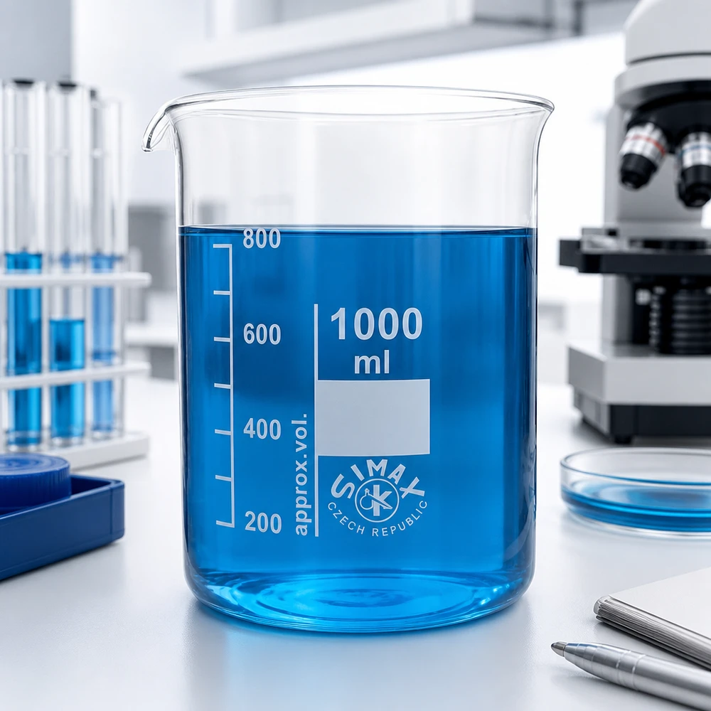 Copo 1000 ml de vidro borossilicato, forma baixa Copo de laboratório de 1000 ml em vidro borossilicato de cor azul para experiências e análises químicas
