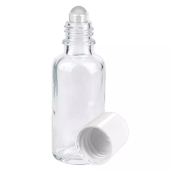 Apothekenflasche klar 30ml Roll-On Verschluss weiß Apothekenflasche klar 30ml Roll-On Verschluss weiß