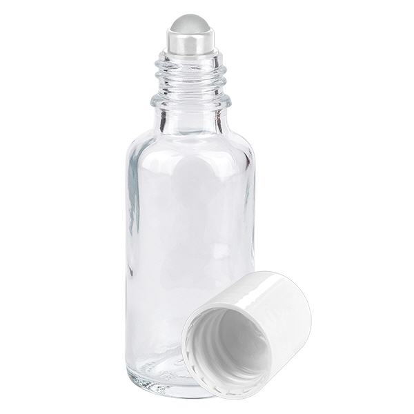 Apothekenflasche klar 30ml Roll-On Verschluss weiß Apothekenflasche klar 30ml Roll-On Verschluss weiß