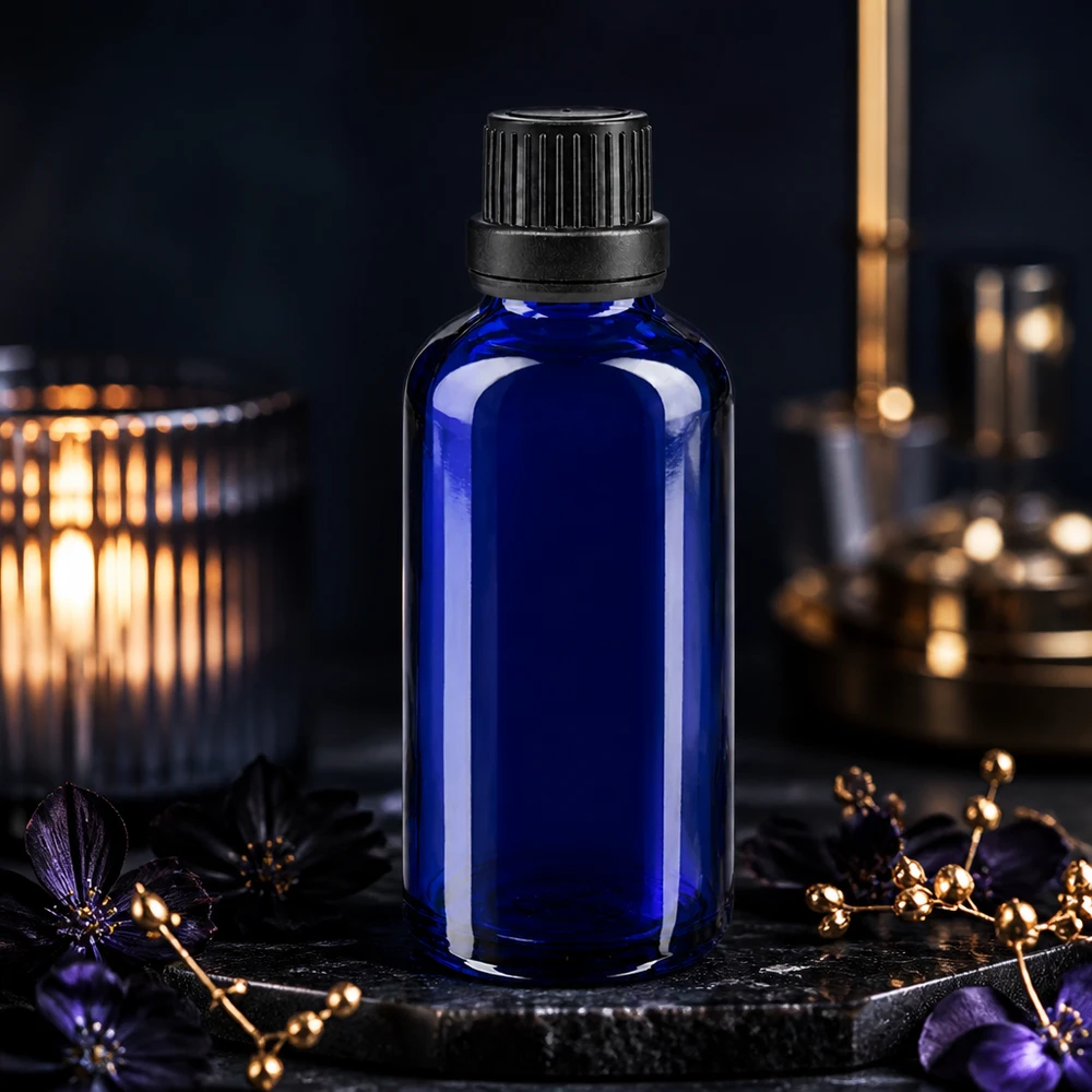 Frasco de farmácia azul 50ml tampa conta-gotas anel de vazamento 2mm preto fecho inviolável Frasco de vidro azul-escuro de 50 ml com tampa preta estriada, sobre uma pedra de ardósia com flores roxas e à luz de velas