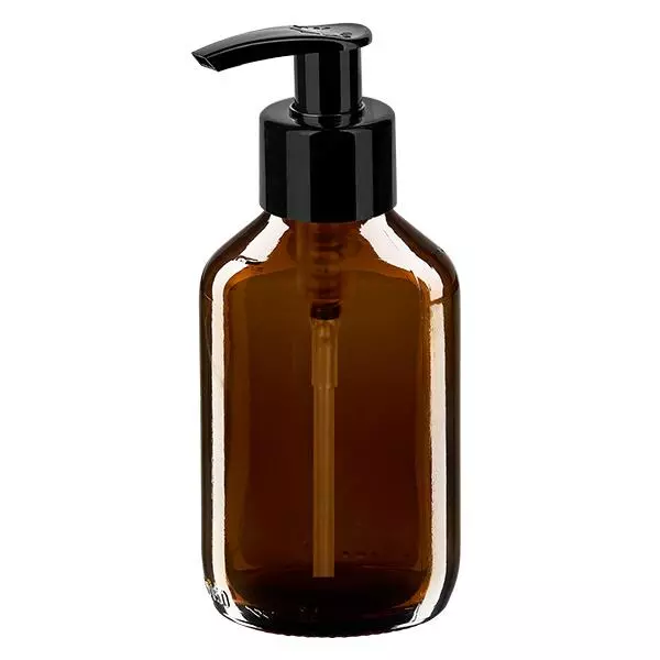 Frasco para medicamentos de 150ml castanho, com bomba doseadora preta ApoGlas Frasco para medicamentos de 150ml castanho, com bomba doseadora preta ApoGlas