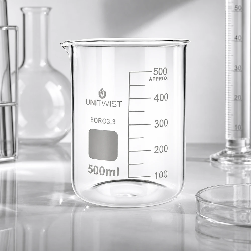 Copo 500 ml de borossilicato, baixo teor de bolor UNiTWIST Copo de vidro UNiTWIST de 500 ml, BORO3.3, de formato baixo, rodeado por provetas de laboratório e cilindros graduados