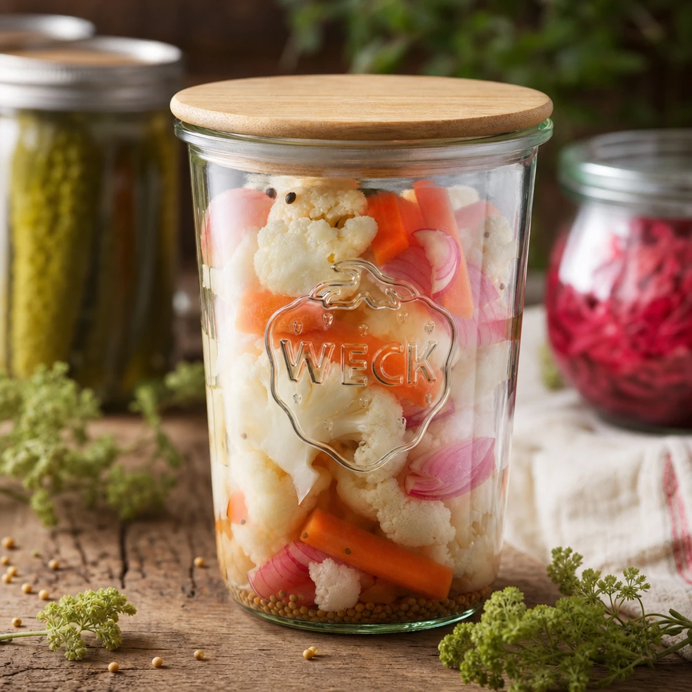 Copos de vidro WECK RR100 de 850ml com tampa de madeira Frasco de conserva WECK 850ml RR100 com legumes em conserva couve-flor cenouras cebolas alimentos fermentados tampa de madeira