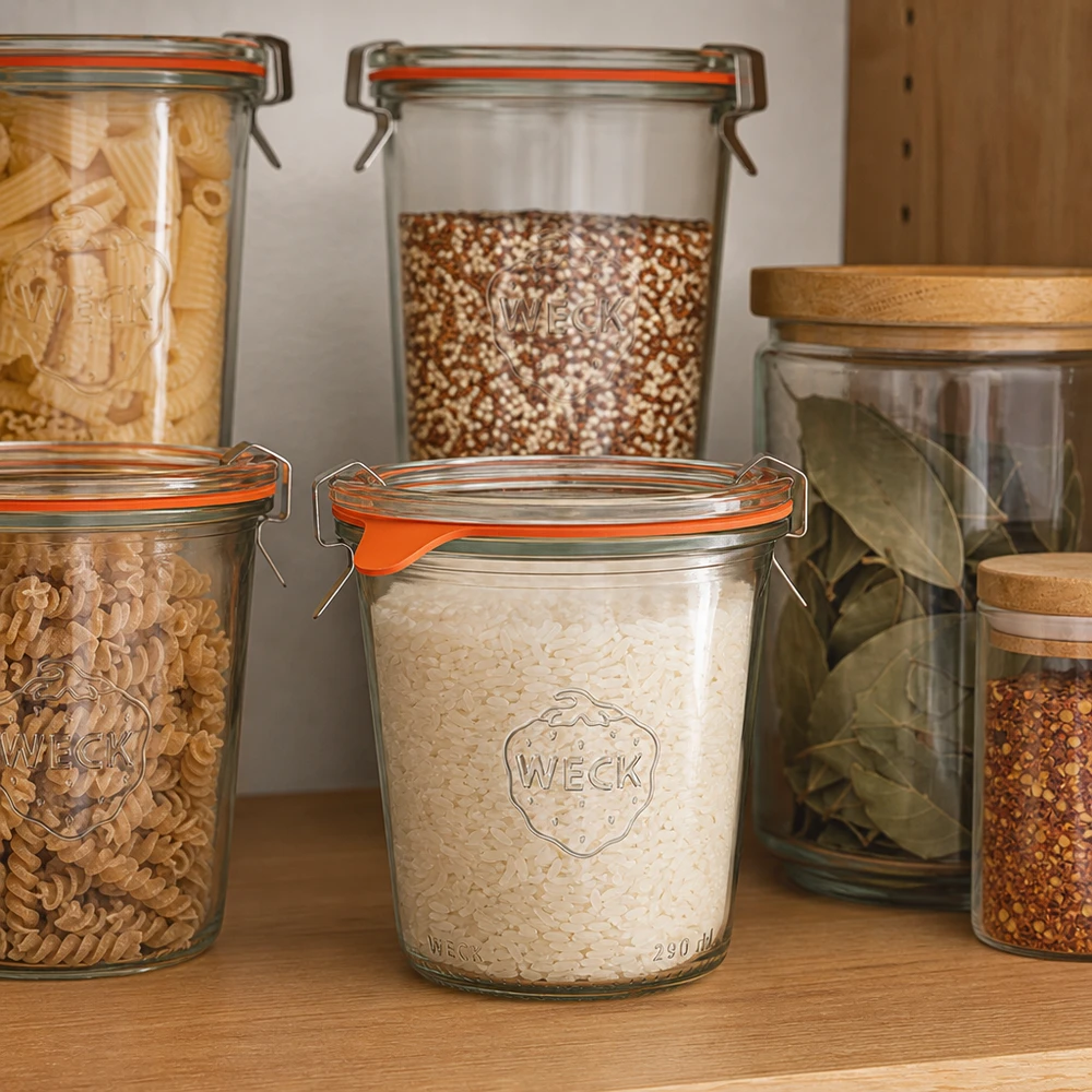 290ml Sturzglas hoch komplett WECK RR80 Copos WECK 290ml RR80 para armazenar arroz, massas e cereais numa cozinha despensa organizada