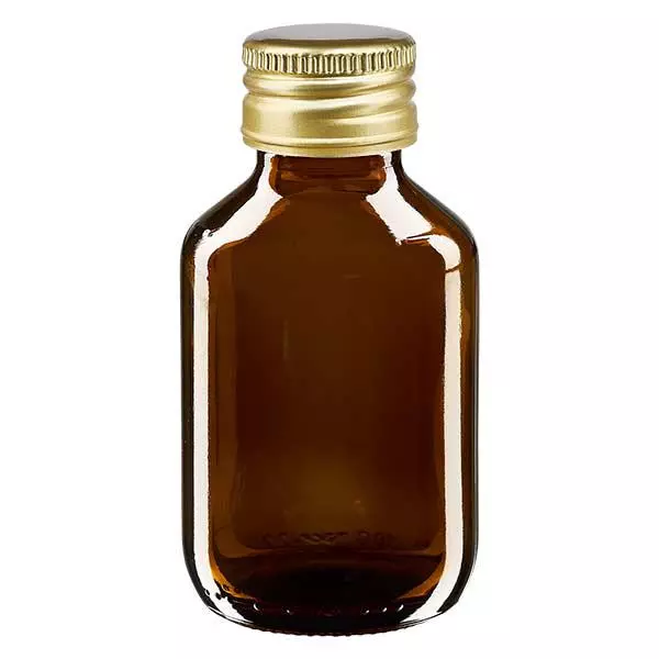 Frasco para medicamentos de 100ml castanho, com tampa de alumínio dourada ApoGlas Frasco para medicamentos de 100ml castanho, com tampa de alumínio dourada ApoGlas