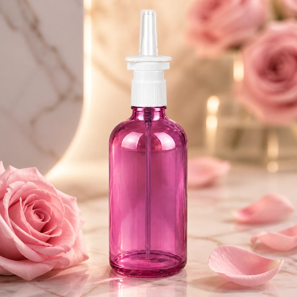 Frasco de spray nasal de 100 ml branco/transparente padrão PurpleLine UT18/100 Frasco de vidro roxo de 100 ml com bomba de pulverização para sprays nasais e soluções médicas PurpleLine
