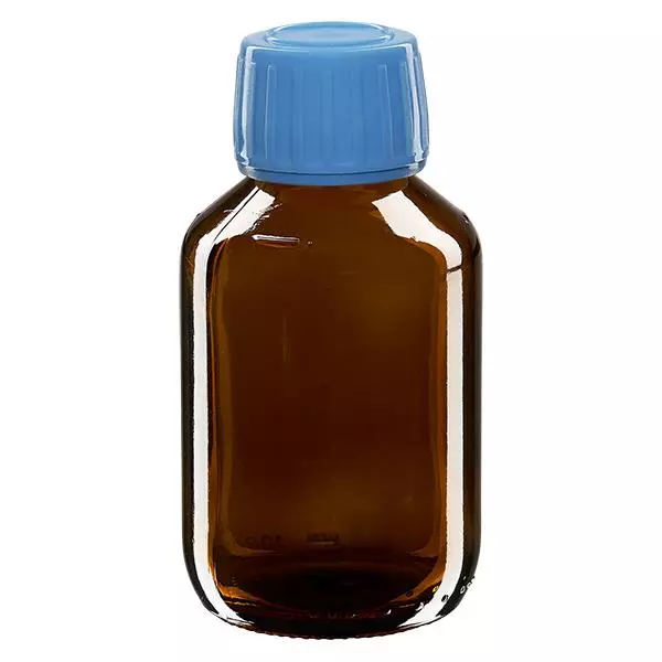 Frasco de medicamento de 100ml castanho, tampa azul com anel inviolável ApoGlas Frasco de medicamento de 100ml castanho, tampa azul com anel inviolável ApoGlas