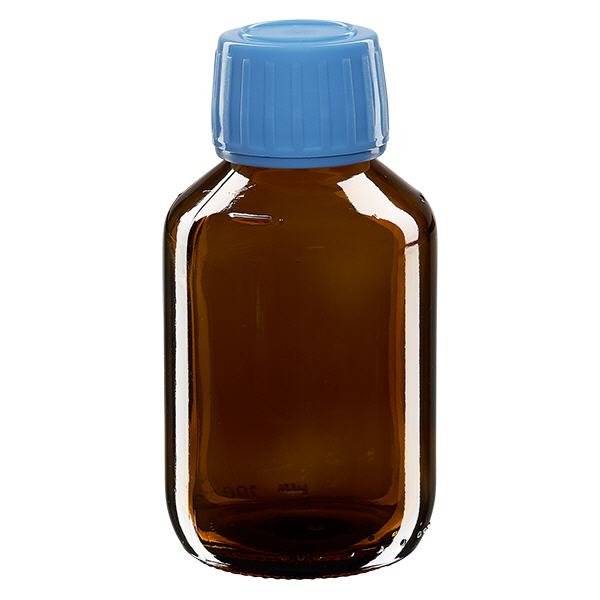 Frasco de medicamento de 100ml castanho, tampa azul com anel inviolável ApoGlas