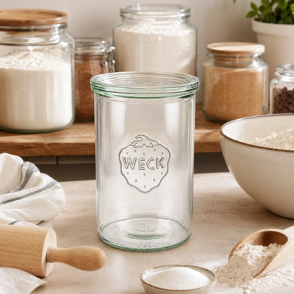 Copos WECK 1000ml RR100 vazios na cozinha brilhante entre frascos de armazenamento com farinha e utensílios de pastelaria para pastelaria