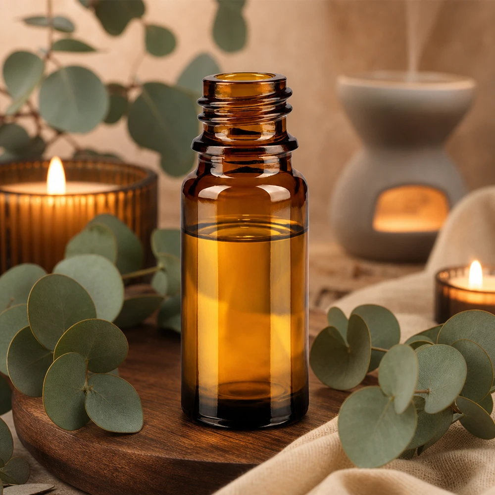 Frasco conta-gotas 10 ml DIN 18 em vidro âmbar Frasco de vidro castanho ApoGlas de 10 ml para aromaterapia com eucalipto e velas num ambiente de spa natural