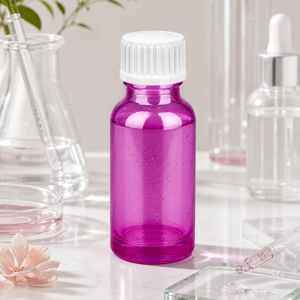 Frasco de vidro compacto de 20 ml em roxo vibrante para uma dosagem precisa de séruns e óleos