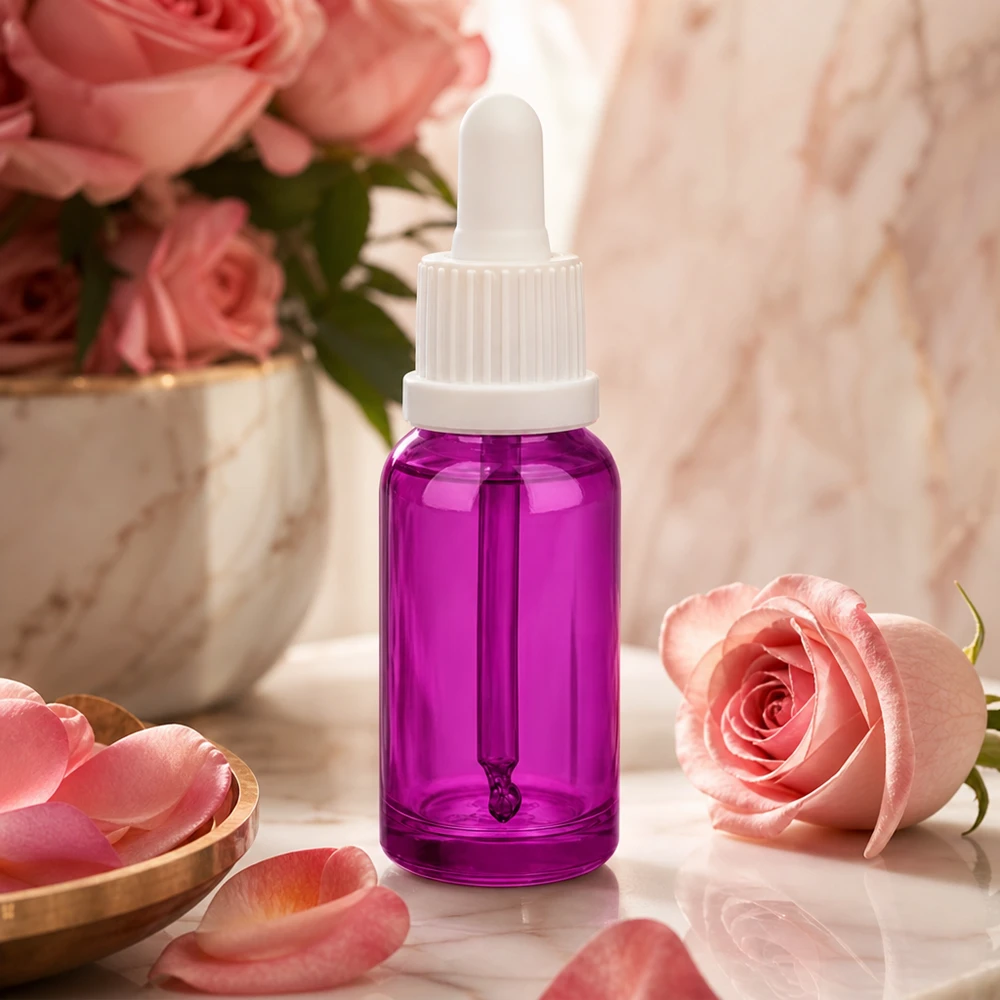 Frasco pipeta elegante de 20 ml em roxo com conta-gotas branco para produtos de beleza