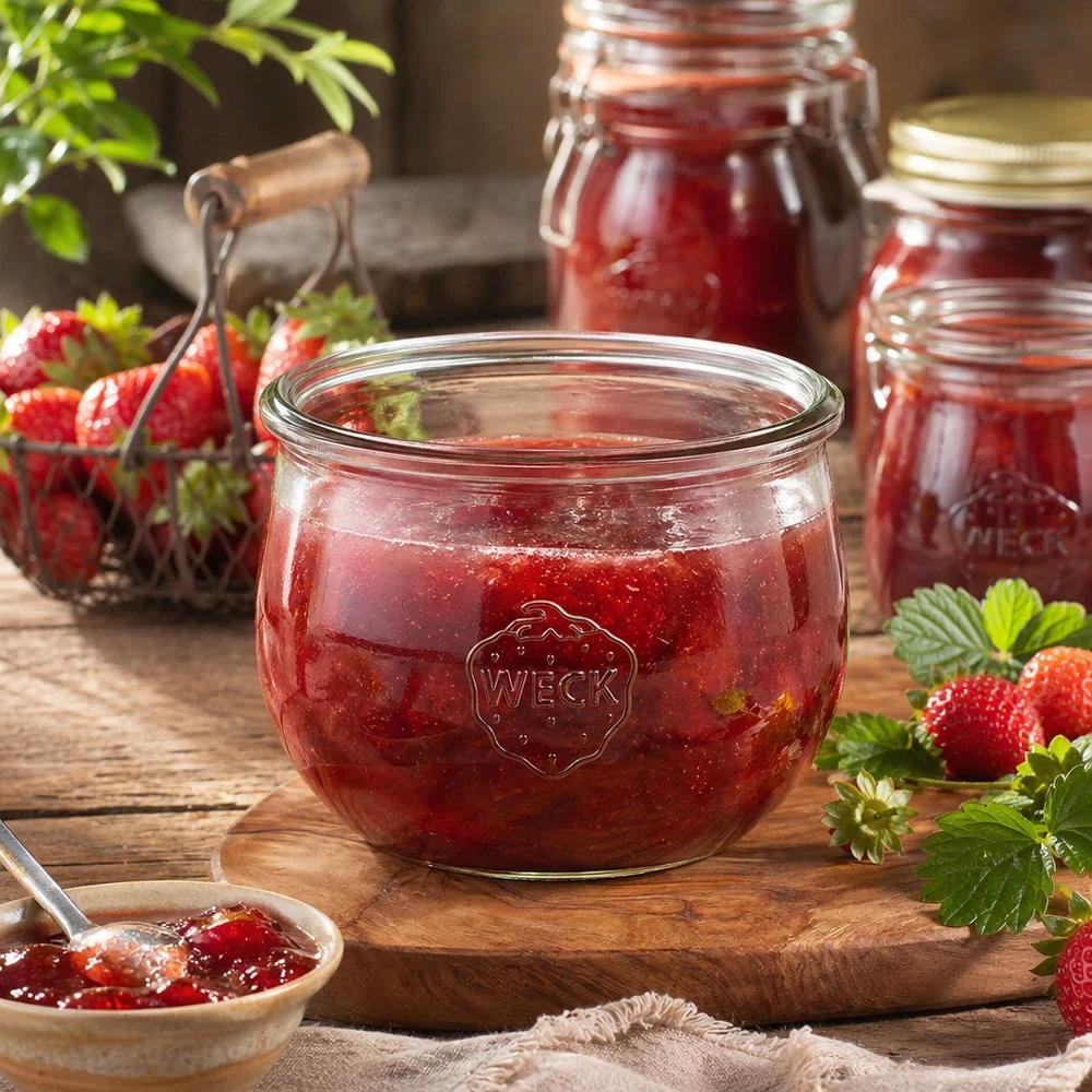 Frasco em forma de tulipa WECK RR100 de 580 ml WECK RR100 Frasco de tulipa de 580 ml cheio de compota de morango numa tábua de madeira com morangos frescos e frascos de conserva
