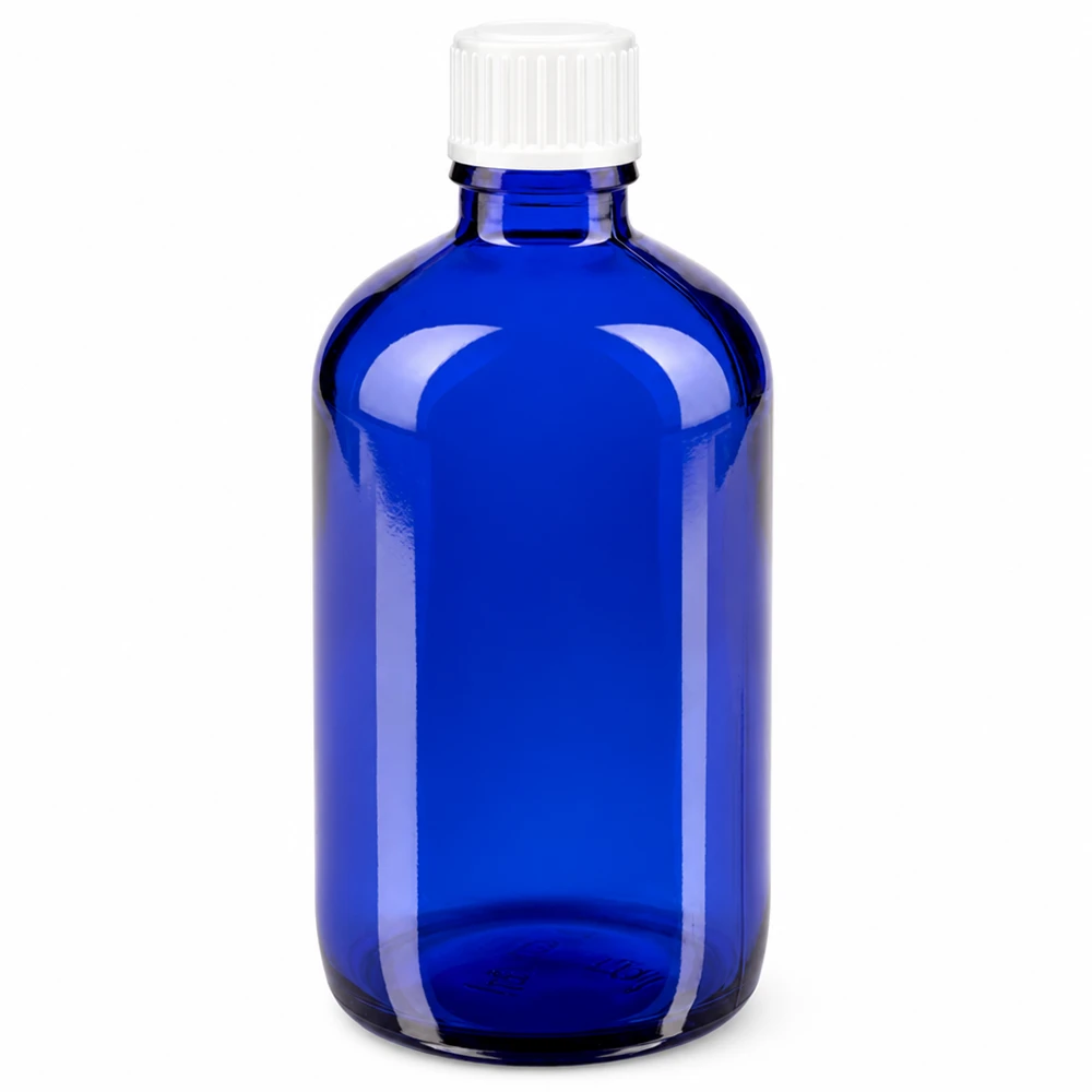 Frasco de vidro azul de farmácia de 100 ml com tampa de rosca branca padrão de 3 mm