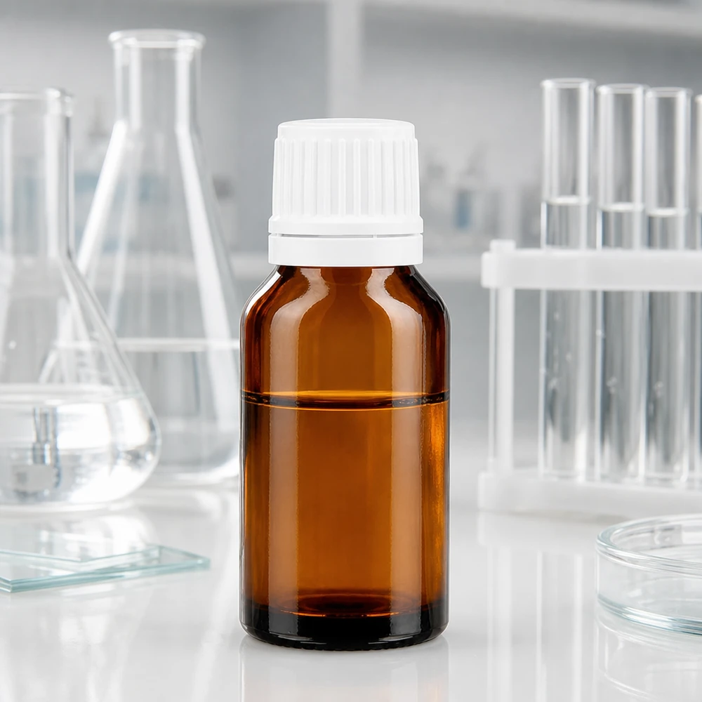 Frasco de farmácia castanho 15ml com tampa de rosca branca com fecho inviolável Garrafa de vidro castanha de 15 ml com tampa de segurança para crianças branca e de garantia de autenticidade, no laboratório