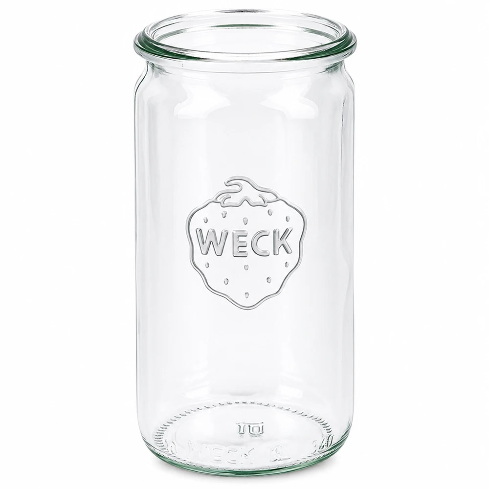 Frasco cilíndrico de vidro WECK RR60 de 340 ml Frasco cilíndrico WECK 340ml Frasco de conserva RR60 transparente com o logótipo WECK para conservação e armazenamento