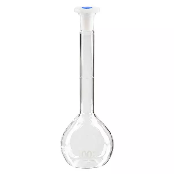 Balão volumétrico de 100 ml com junta esmerilada standard e rolha PEHD Balão volumétrico de 100 ml com junta esmerilada standard e rolha PEHD
