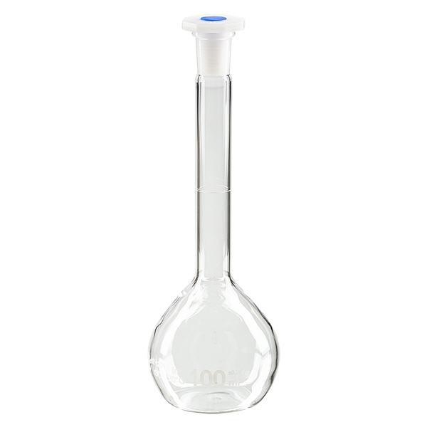 Balão volumétrico de 100 ml com junta esmerilada standard e rolha PEHD Balão volumétrico de 100 ml com junta esmerilada standard e rolha PEHD