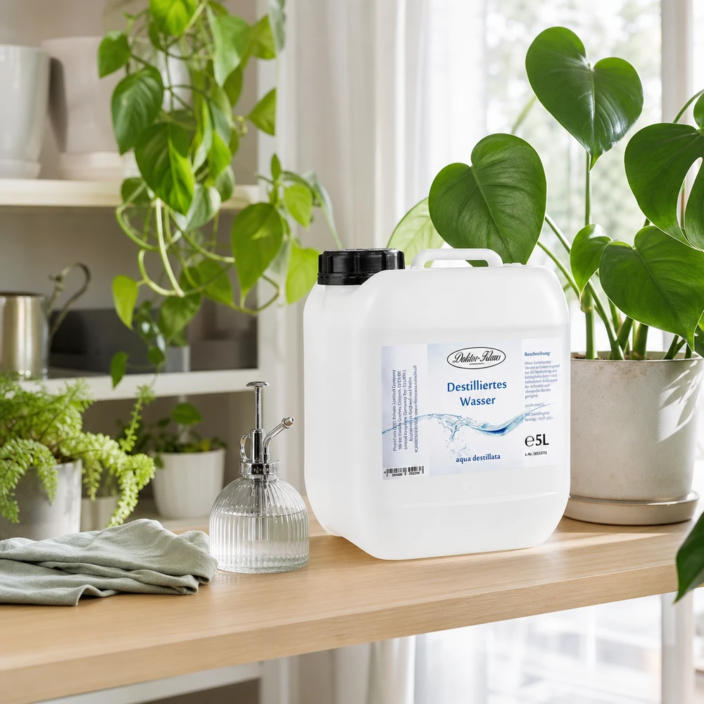 Água destilada 5L Doktor-Klaus 5 litros de água destilada Doktor-Klaus num recipiente prático numa prateleira de madeira entre as plantas verdes da casa