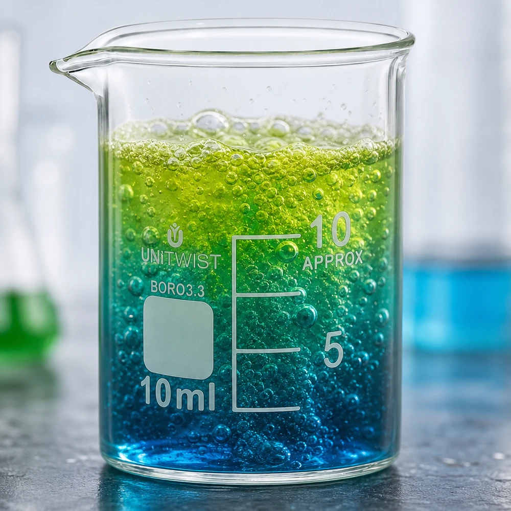 Copo de vidro de 10 ml, de formato baixo, com um líquido azul-esverdeado cheio de bolhas, em vidro borossilicato 3.3