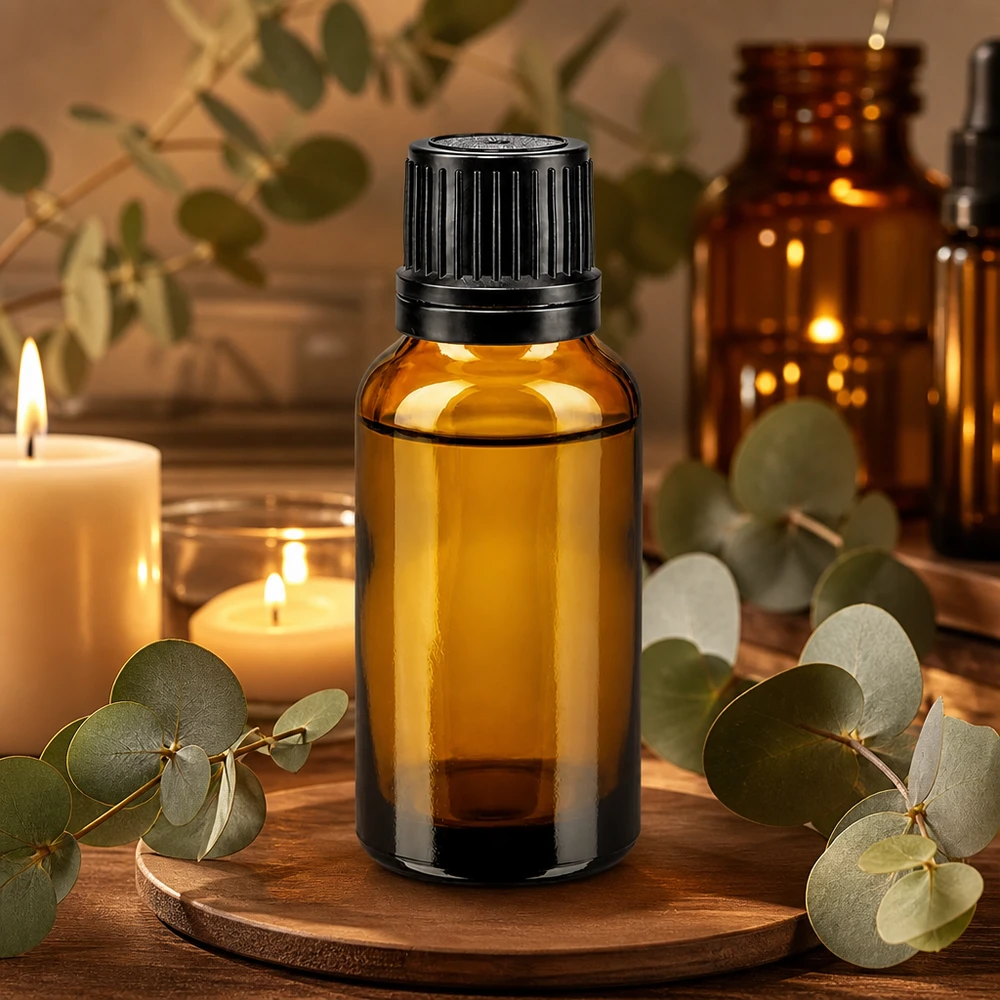Frasco de farmácia de vidro castanho de 20 ml com tampa preta original para óleos essenciais