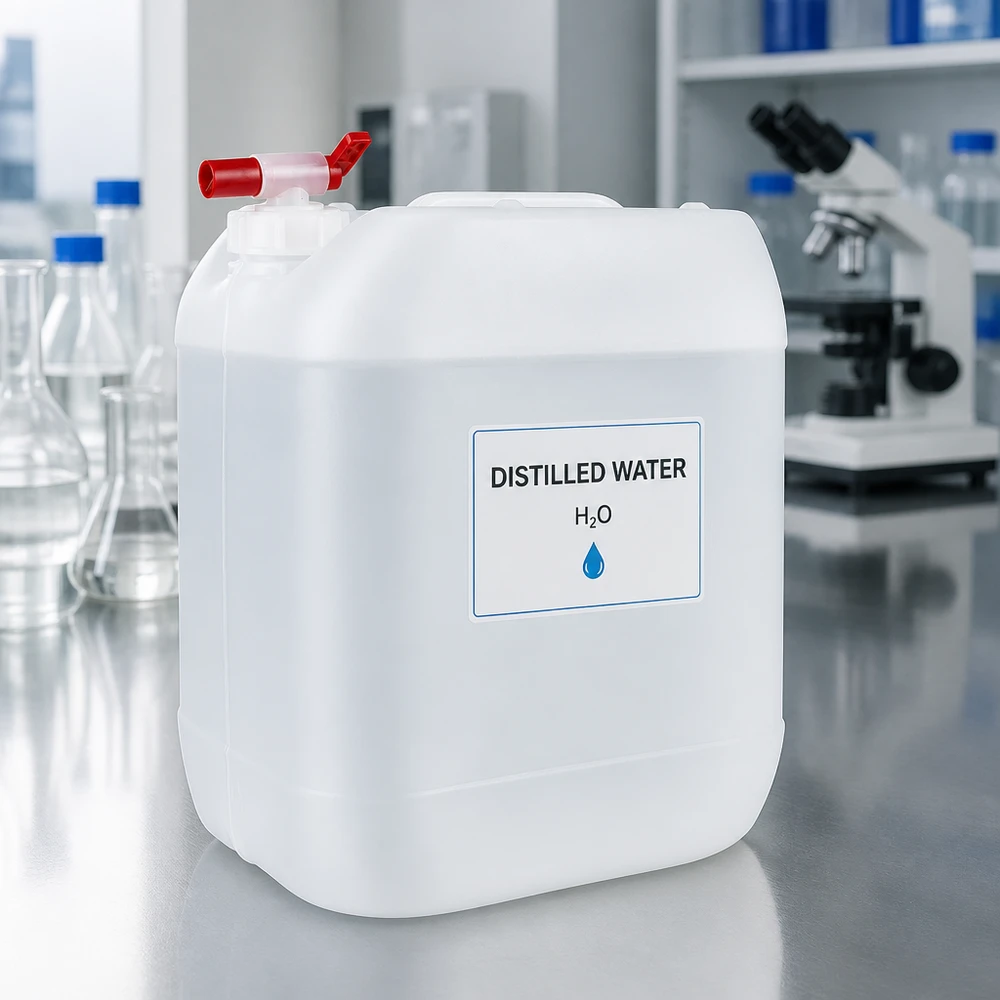 Recipiente de laboratório de 20 litros com torneira vermelha, cheio de água destilada H₂O