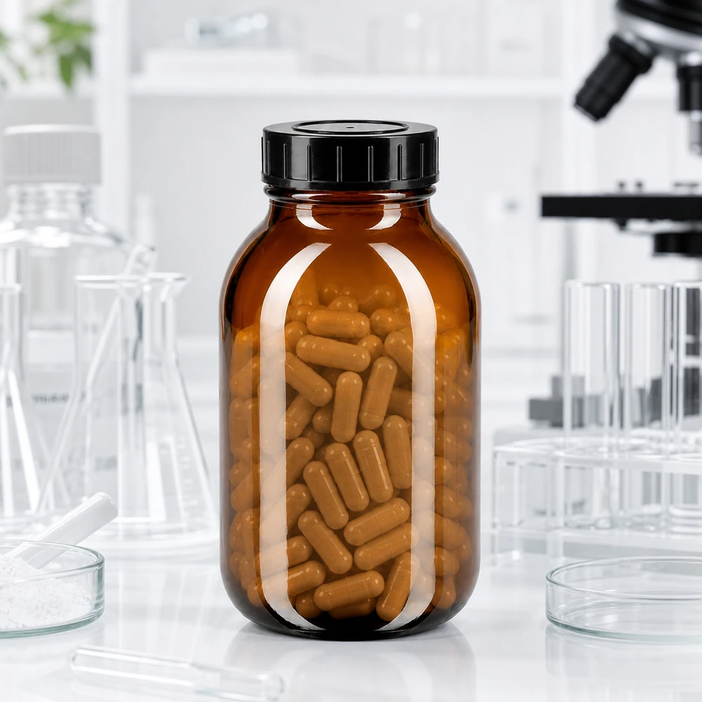 Frasco de vidro âmbar de 500 ml com abertura grande e tampa de rosca apertada para aplicações farmacêuticas