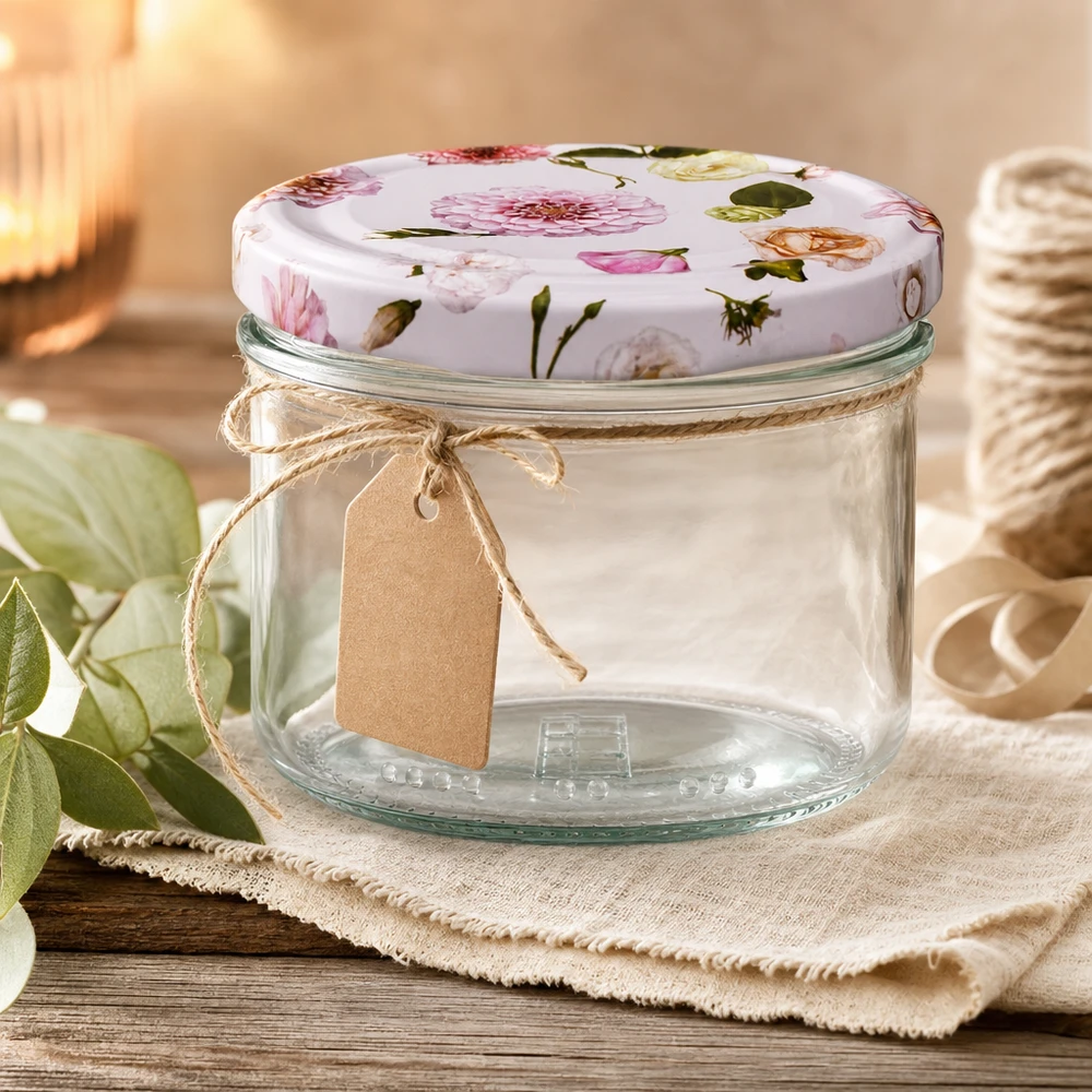 Frasco de conserva vazio de 230 ml com tampa de flor e etiqueta de papel kraft - frasco de conservação decorativo numa base de madeira