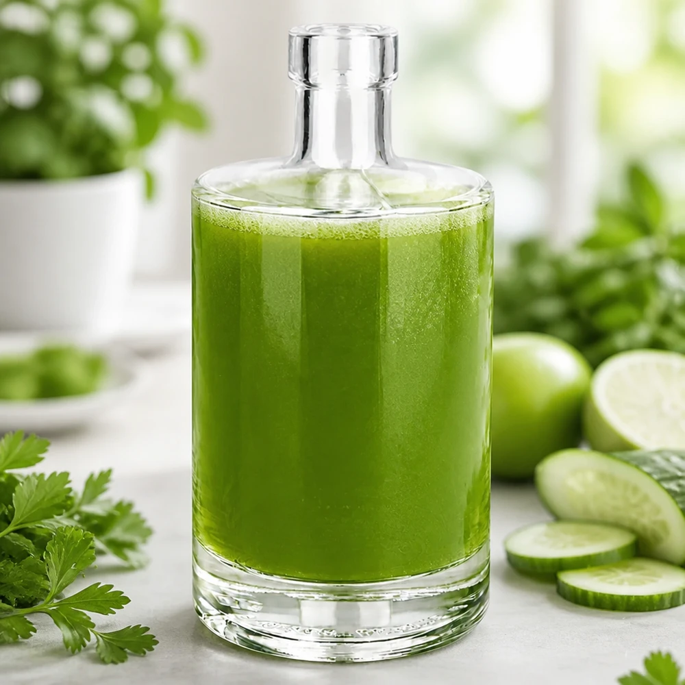 Garrafa de vidro de 500 ml Marie cheia de batido verde rodeado de pepino e ervas para uma inspiração de bebida saudável