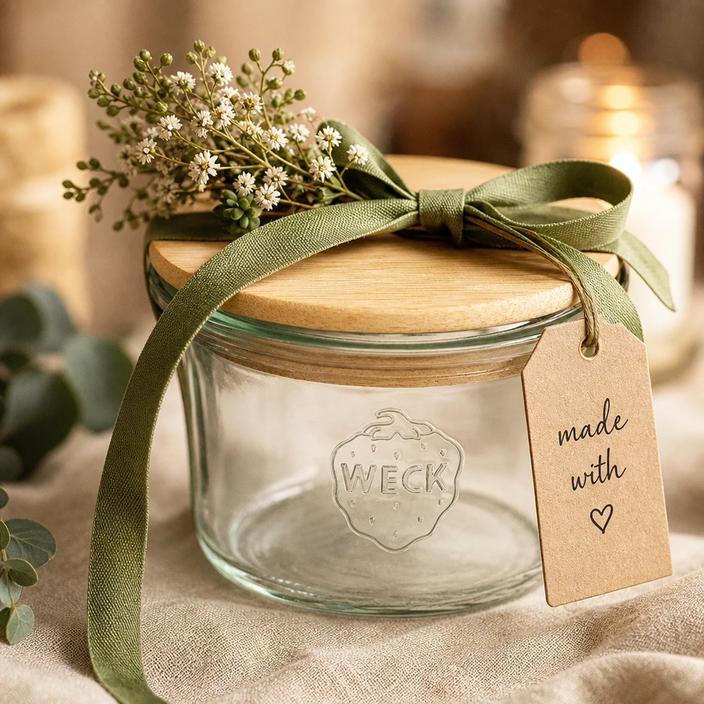 Mini frasco de pedreiro WECK de 35 ml com tampa de madeira como ideia de presente com flores de fita verde e etiqueta Made with Love