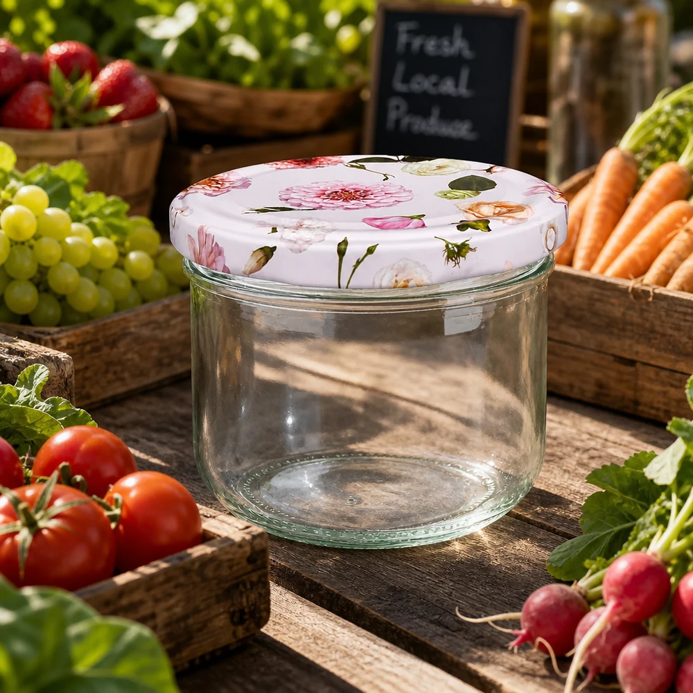Copos de vidro de 260 ml + tampa BasicSeal cor-de-rosa UNiTWIST Frasco de conserva vazio de 260 ml com tampa de flor cor-de-rosa entre legumes frescos - frasco de conserva versátil para um ambiente de banca de mercado